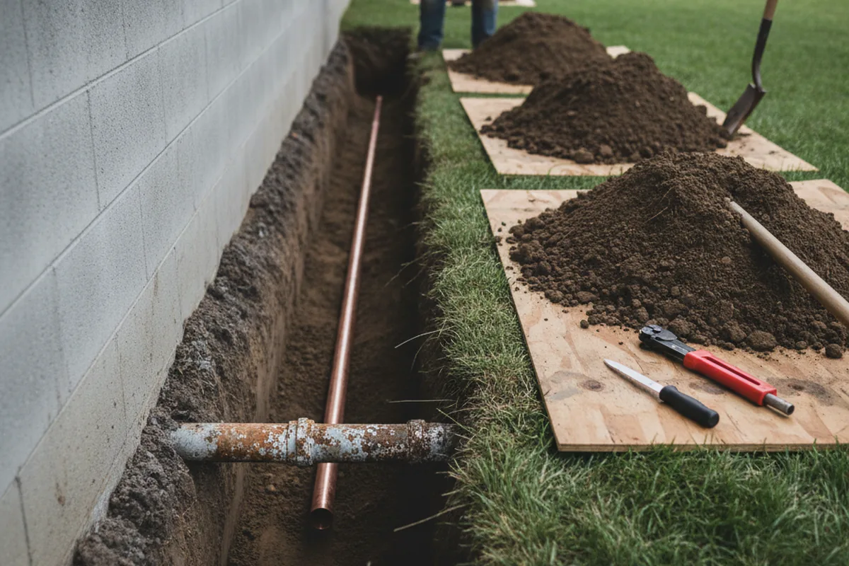 Excavated water line trench during Water Softener Installation in Mays Landing